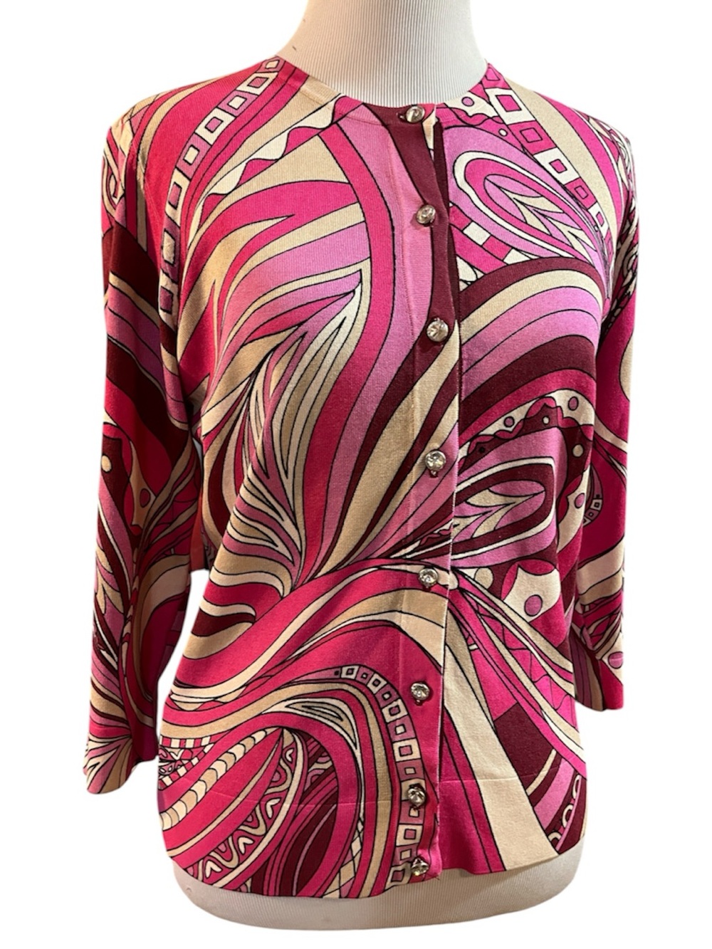 ANN TAYLOR MOD SWIRL CRYSTAL BUTTON SILK BLEND CARDIGAN SWEATER PINK CREAM SZ S